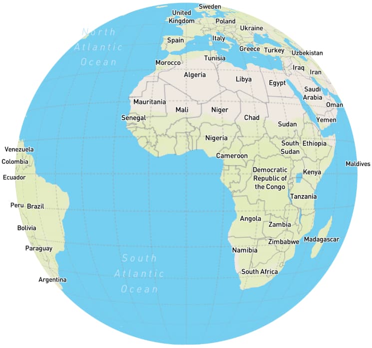 A globe rendered with Mapboc GL JS, showing Africa in the center.