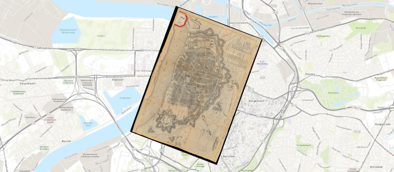 A digitised map from Antwerp overlayed of modern-day data.