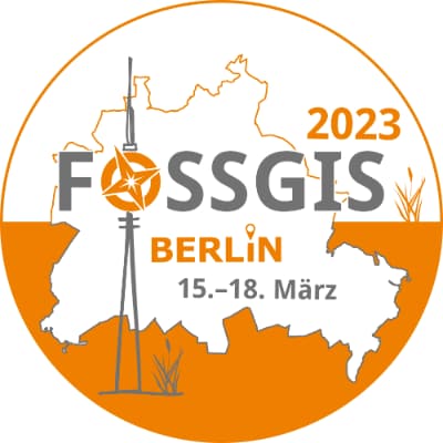 FOSSGIS 2023 logo showing the stylised Fernsehturm and a outline of Berlin's administrative boundary.