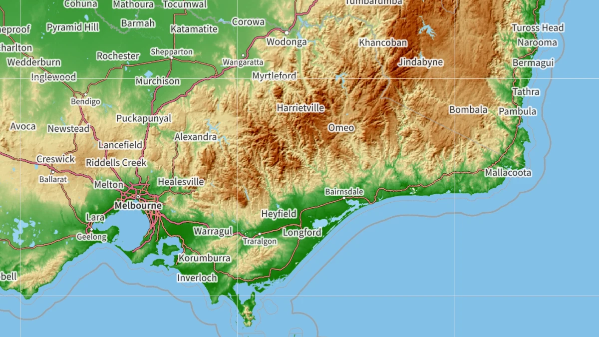 South-eastern Australia rendered in Tracestack Topo