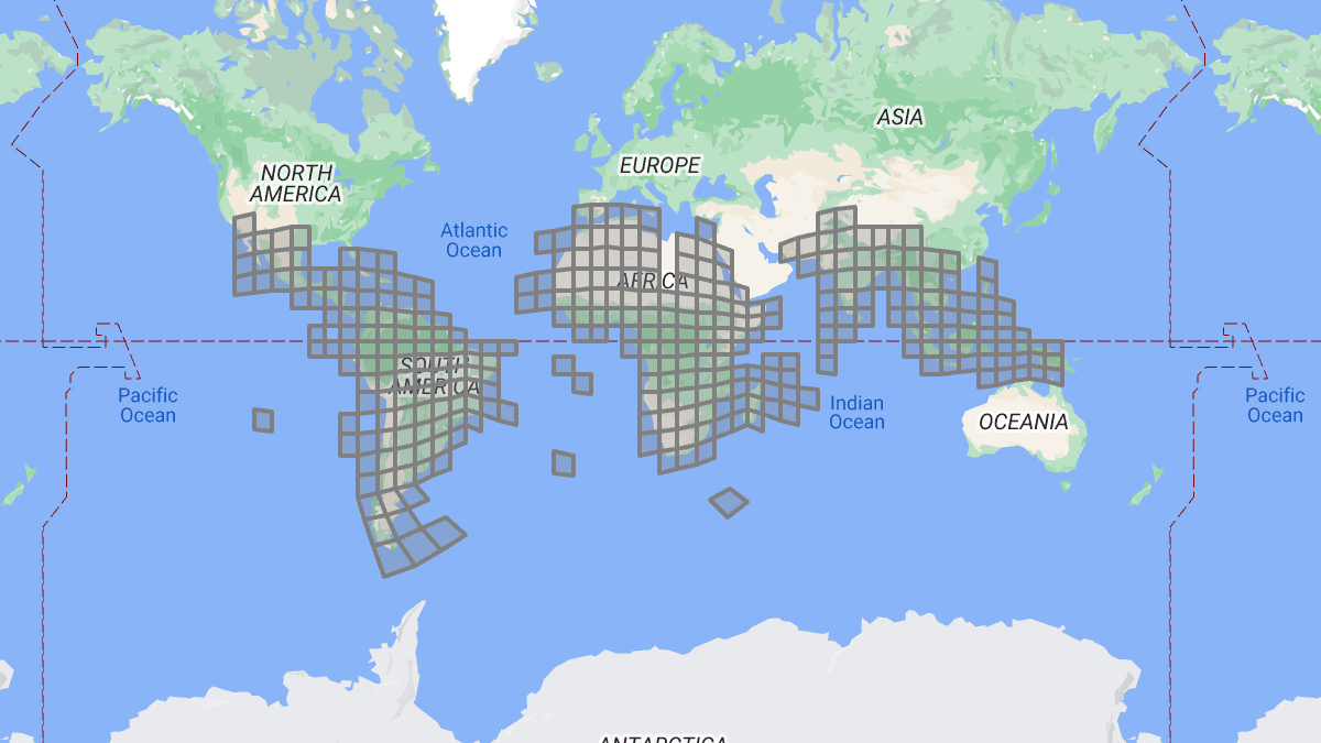 The coverage of the building dataset depicted on top of a world map.