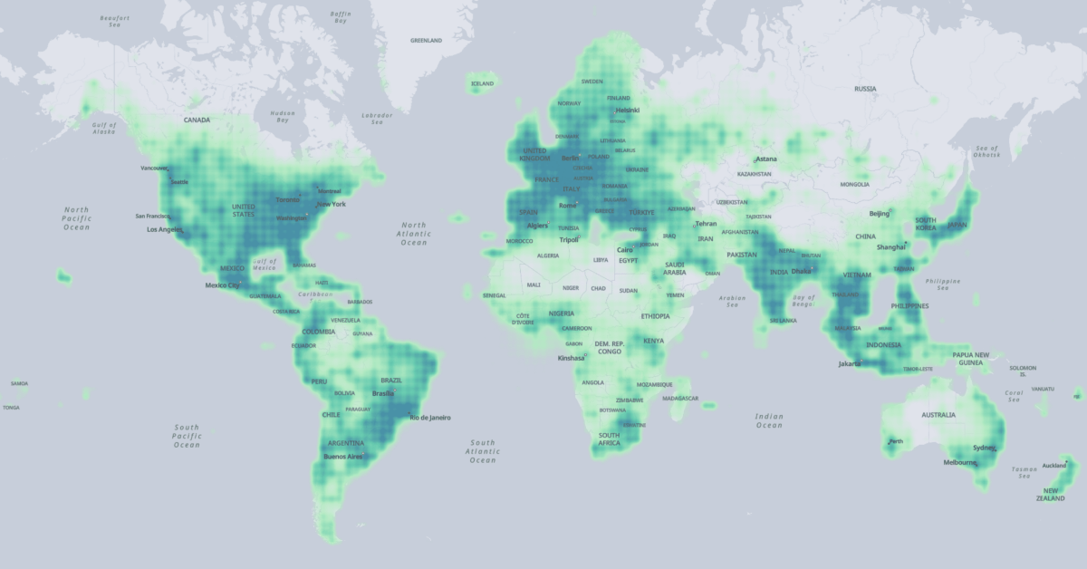 The coverage of the building dataset depicted on top of a world map.